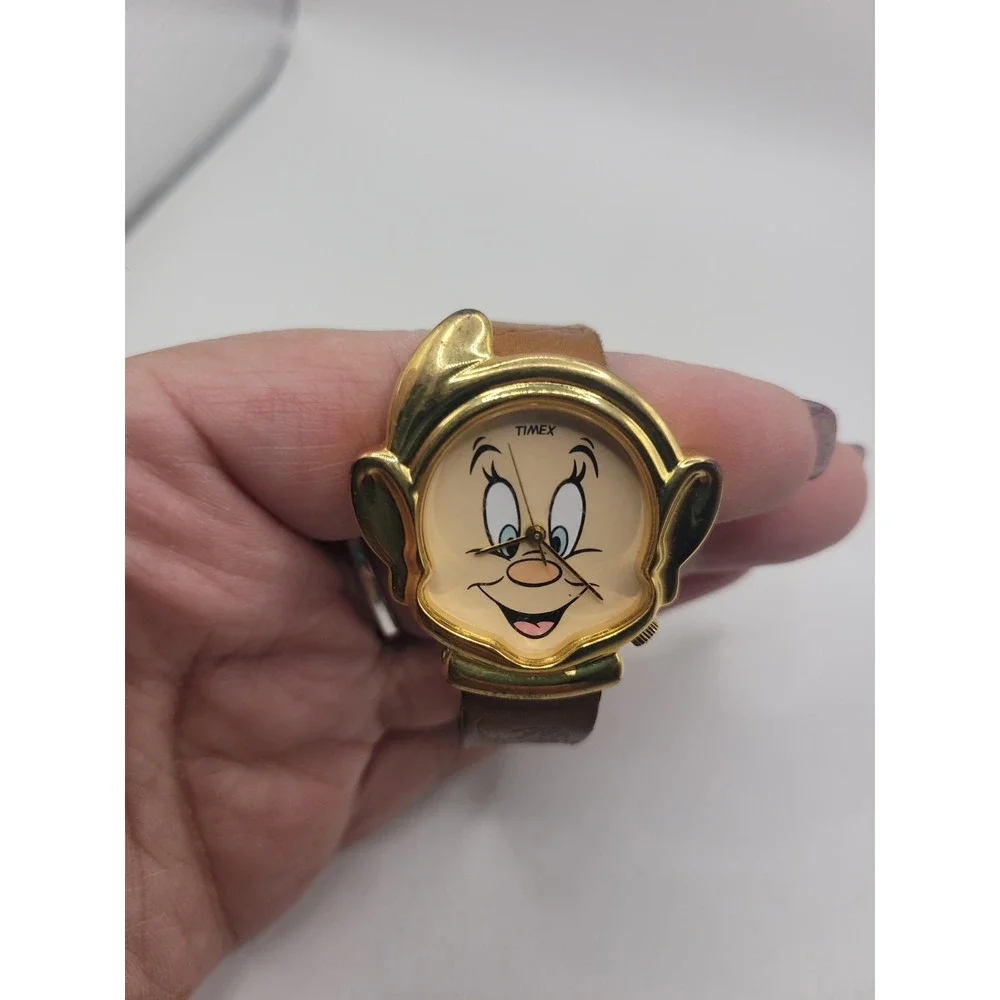 Vintage Disney Dopey Timex Watch Snow White Seven Dwarfs Gold Tone Leather